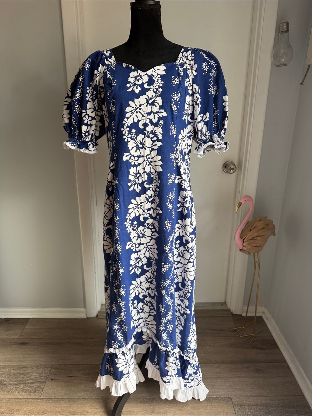 Shannon Marie Blue Floral Maxi Hawaiian muumuu Dress with Blue and White Print